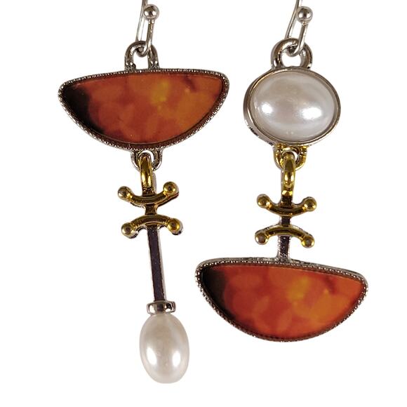 Abstract Drop Earrings Orange Half Moon Pearl Dangle Mixed Metal Boho Style - Picture 2 of 8